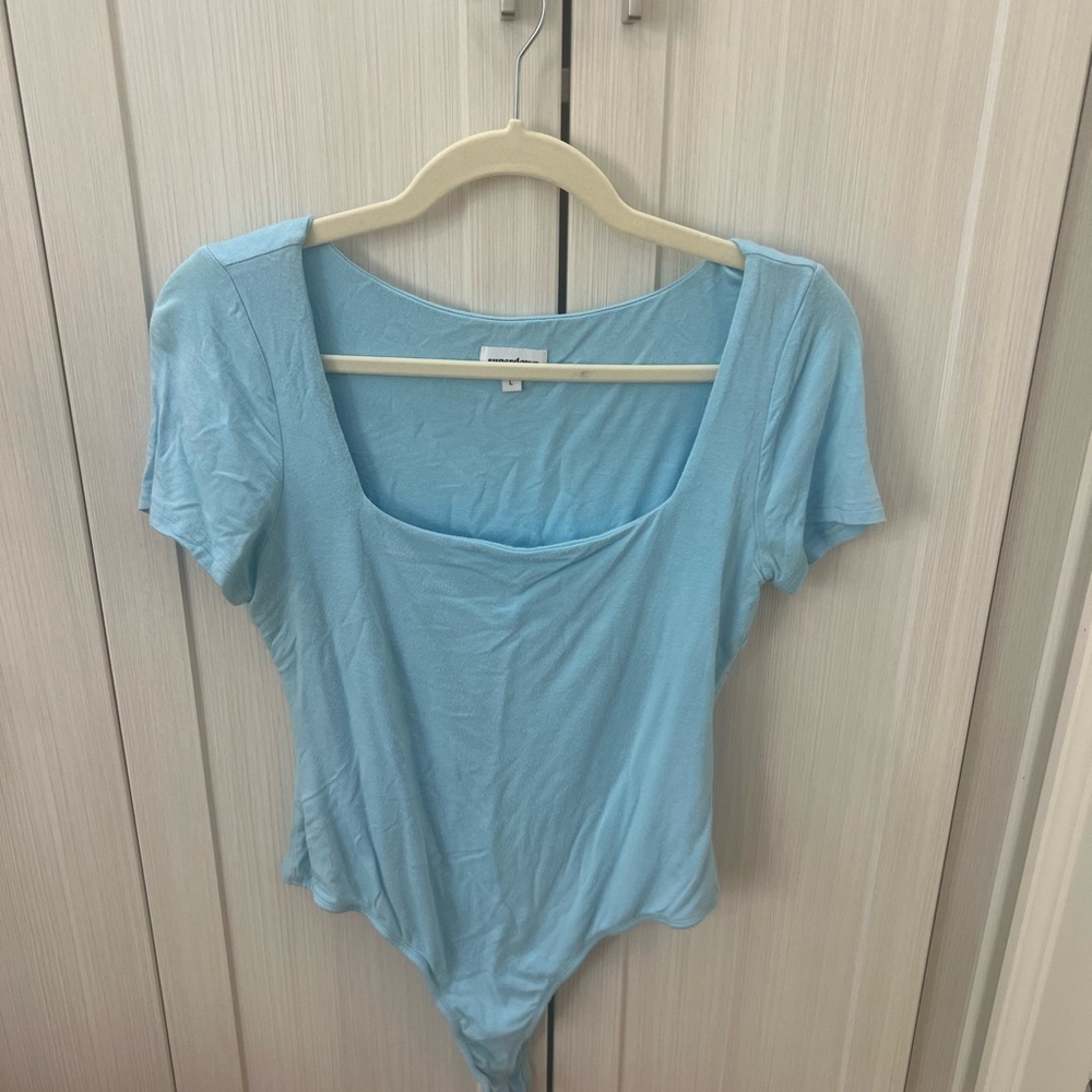 Superdown Blue Short Sleeve Fitted Bodysuit